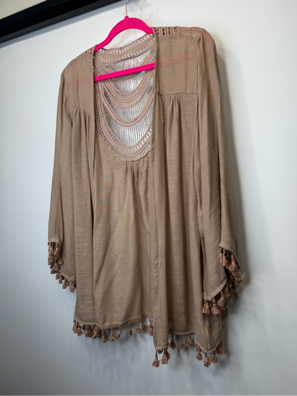 Do Everything In Love Mocha Boho Crochet Back Tassel Kimono Cardigan - Picture 3 of 11